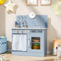 MAMIZO Kids Kitchen Playset with Ample Storage, Interactive Play Kitchen with Simulated Gas Cooker, Clicking Knobs, Sink, Faucet, 6 Pcs Cookware, Educational Clock for Toddlers (Blue)