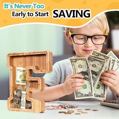 SummiDate Wooden Letter Piggy Bank| Piggy Bank for Boys Girls Toddler| Alphabet F Money Bank| Coin Bank Birthday Gift for Kids|Birthday Gift for Kids (F)