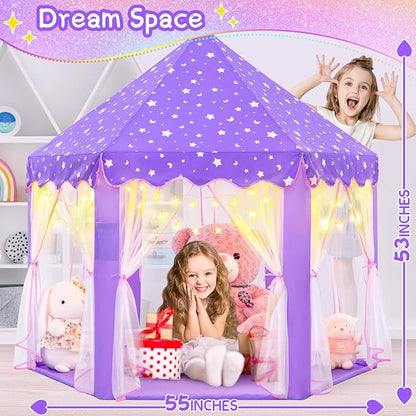 EVOIONOS Purple Tent for Girls, Kids Tent Indoor, Princess Tent with Star Lights, Girls Play Tent, Princess Castle Playhouse Tent, Little Girls Lavendar Tent, 55x53 Princess Tent for Girls