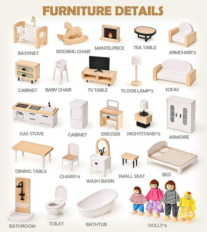Toyssa Dollhouse Furniture Set, 36PCS Beech Wood and Plastic Miniature Doll House Accessories with Modern 5 Rooms & 4 Flexible Family Dolls, Pretend Play Toys Birthday Gift for Toddlers 3 4 5 6
