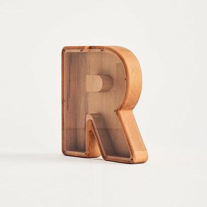 Personalized Wooden Piggy Bank – Custom Letter R Coin Bank in Beech Wood with Clear Acrylic Front, Engraved Name Option, Money Saving Box for Kids and Adults