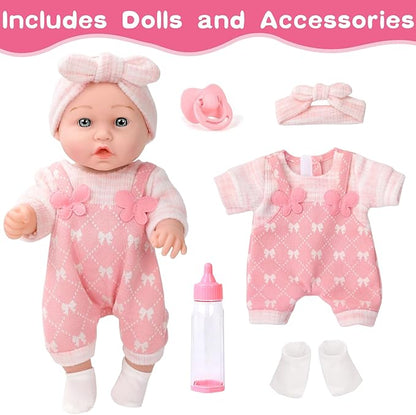 12" Baby Doll with Clothes and Accessories Set in Gift Box,12 Inch Baby Care Game Playset with Pacifier Feeding Bottle First Baby Dolls Toy Stuff Gift Idea for Toddler Girl Age 3+