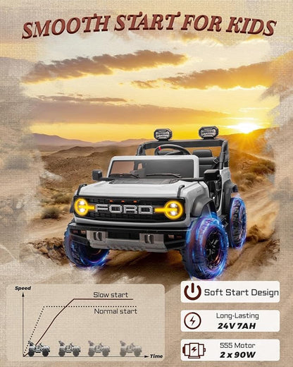 Licensed Ford Bronco Raptor 24V 2 Seater Kids Ride on Toys, Battery Powered Electric Ride on Car, Remote Control Electric Car w/Led Lights, Music, High Low Speed (24V, White)