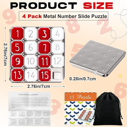 4 Pack Metal Number Slide 15 Puzzle Red and White Number Sliding Puzzle Educational Pocket Funny Christmas Iq Game Gift for Teens and Adults, Ideal for Learning Tool Party Favors