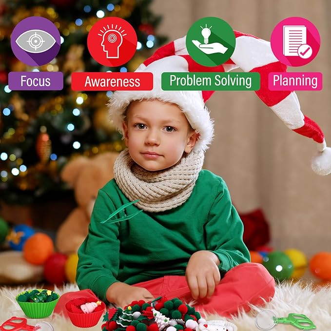 360 PCS Christmas Sensory Bin Filler Winter Sensory Bin Items 240 Pompoms 90 Felt Christmas Tree 17 Resin Xmas Tree 6 Cups 6 Tweezers 1 Storage Box for Winter Xmas Sorting Counting Training