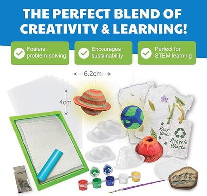 Green Science - Paper Making Kit - Recycle and Create Your Own - Paper Making Screen - Green DIY Craft Stem Toys Kit for Kids - Includes Molds, Paints, and Glow-in-The-Dark Features