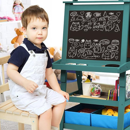 Costzon Kids Art Easel, 3 in 1 Double-Sided Wooden Easel w/Magnetic Whiteboard, Chalkboard & Paper Roll, 2-Tier Rack w/ 2 Storage Boxes, Standing Easel for Kids, Toddlers, Boys, Girls (Blue)