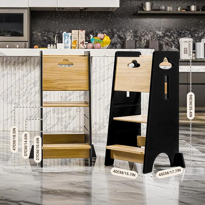 COSYLAND Toddler Standing Tower Adjustable Height - Super Stable Kids Kitchen Stool Helper - 3 Levels Adjustable Wooden Toddler Kitchen Stool (Natural & Black)