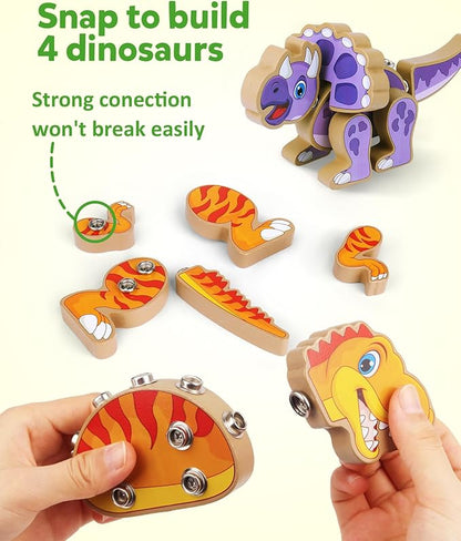 Coogam Build Your Own Dinosaurs Toy, Snap Together Building Dinosaurs Playset, Wooden STEM Take Apart Dinosaur Builder, Montessoi Fine Motor Building Toy Gift for 3 4 5 Years Old Kids