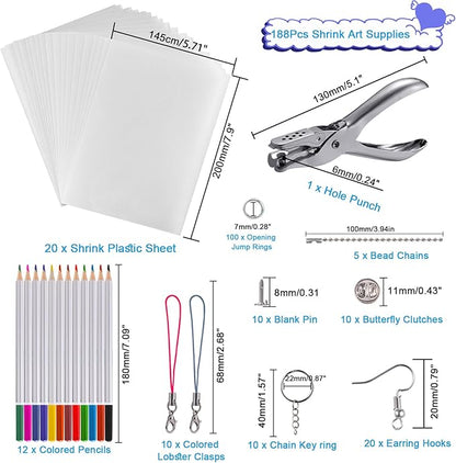 Heat Shrink Plastic Sheets Keychain Kit, 188Pcs Shrinky Dink Sheets Shrinky Dink Paper Shrink Art Kits for Kids Including 20Pcs Shrink Paper Sheets, Hole Punch, Pencils, Keychains for Crafts
