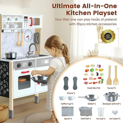 Play Kitchen Wooden Kids Kitchen Playset Pretending Toys for Toddlers with Real Lights & Sounds, 3 Heights Adjustable, Chalkboard, 35Pcs Toy Food & Cookware Accessories-Gray