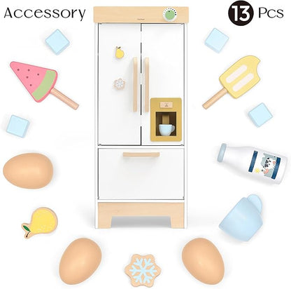 PairPear Wooden Toy Fridge for Kids Kitchen, Toddler Pretend Play Refrigerator with Real Ice‑Drop, Magnetic Stickers, Kids Toy Food Play Kitchen Accessory Gift for Boys & Girls Age 3+