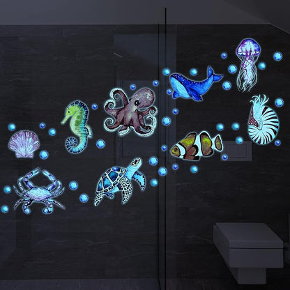 52 Pcs Ocean Fish Wall Decals Glow in The Dark Under The Sea Wall Decals Sea Animals Stickers Removable Waterproof Peel and Stick for Kids Bathroom Watercolor Ocean Decor(Funny Style)