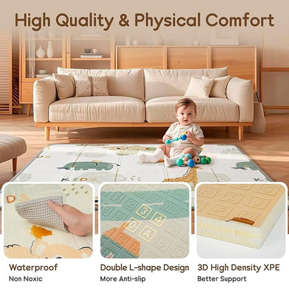 Foldable Baby Play Mat, PIGLOG 50x50 Playpen Mat, Waterproof Playmats for Babies and Toddlers Kids, Safe Foam Playmat for Tummy Time, Reversible Portable Baby Floor Mat for Infant, Giraffe + Elephant