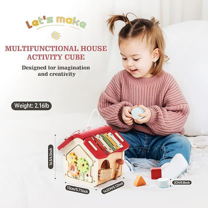 let's make Wooden Activity Cube 10-in-1 Montessori Toys Multi-Functional House Educational Toys Sensory Learning Activity Cube for Toddlers Babies 1st Birthday Gift