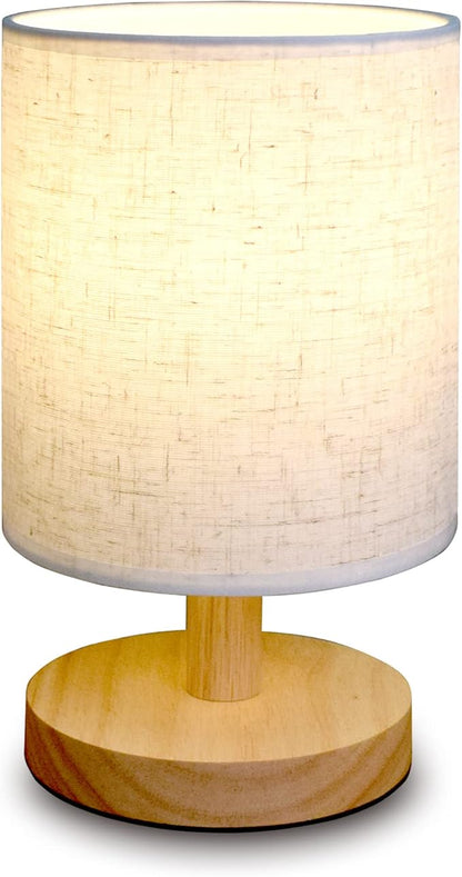 Small Table Lamp Mini Bedside Night Light Wooden Simple Desk Nightstand Lighting with Linen Shade for Bedroom, Living Room, Kids Room (Including LED Bulb) (Round)