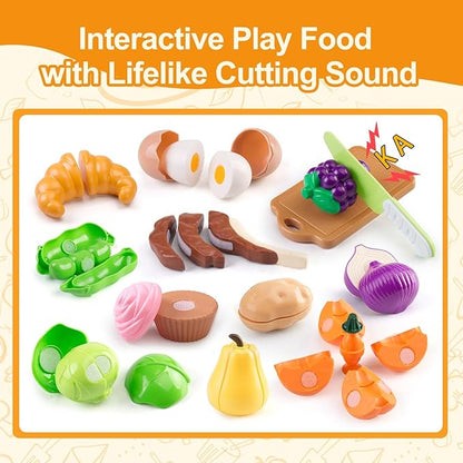 100Pcs Kitchen Playset, Kids Pretend Cooking Play Pots, Pans, Utensils, Cookware, Toy Food Fruits Veggies, with 2 Large Apple - Shaped Storage, Toddler Cooking Learning Gift (White)