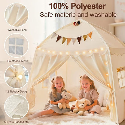 Kids Play Tent with Padded Mat Lights - Large Teepee 59x39x59in with Christmas Decor Kit Storage Bag Flag- Private Space for Reading - Birthday Gift for Boys Girls Ages 3-12