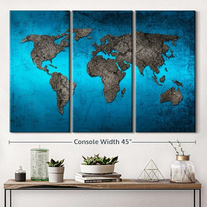 ElephantStock Ocean World Map Multi Piece Canvas - 3 Panel Wall Decor - Map of the World Art - Canvas for the Office and Home - 45" X 28"