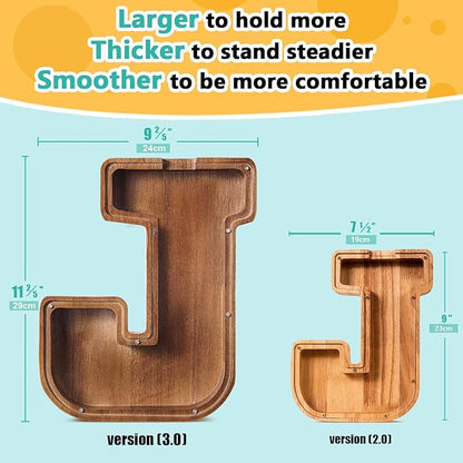 Customized Name Large Wooden Piggy Bank for Kids Boys Girls Alphabets Letter A-Z Coins Bills Money Change Bank Box Initial on Clear Cover (Laser Engraved) (Alphabet-J, Personalized-12)