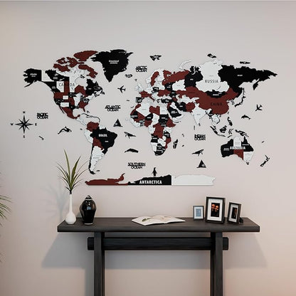 Colorfull Worlds 3D Wooden World Map Wall Art | Unique Wall Decor with Pins for Travel Enthusiasts | Home and Office Wall Décor | Burgundy | Large