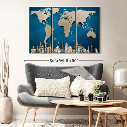 ElephantStock Ocean Blue World Map Multi Piece Canvas - 3 Panel Wall Decor - Map of the World Art - Canvas for the Office and Home - 45" X 28"