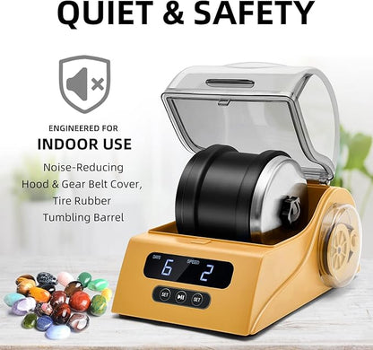 Rock Tumbler Kit Adults - Rock Polisher Tumbler with Noise Reduction Cover, Speed&Timer Control, Includes 4 Polishing Grits, Rough Gemstones, Learning Guide etc. (Yellow)