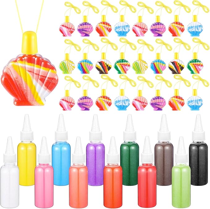 Relaxgiant 37 Pcs Shell Shaped Sand Art Bottle Necklace Kits Include Plastic Sand Art Bottles Necklace, 12 Colored Art Sand, Mini Plastic Funnels for DIY Art Class Crafts Supplies