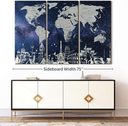 ElephantStock Starry World Map Multi Piece Canvas - 3 Panel Wall Decor - Map of the World Art - Canvas for the Office and Home - 74" X 48"