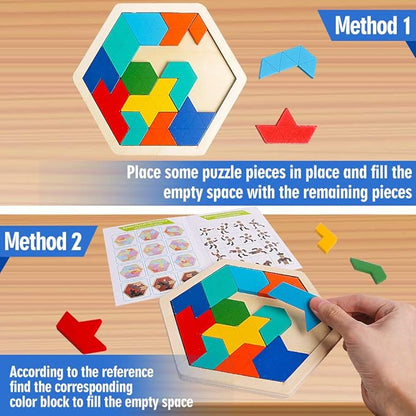 Skrtuan Wooden Hexagon Puzzle for Kid Adults Brain Teaser Blocks Puzzles Games Toy Shape Pattern Block Tangram Geometry Logic IQ STEM Montessori Educational Gift for Kids Children Boys Girls