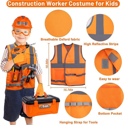 Kids Tool Set,MAGIC4U 50PCS Toddler Tool Set with Electronic Toy Drill,Tape Measure 12 Tool Equipements,Pretend Play Construction Coustume with Safety Vest Hat,Toy Tool Box for Kids Boy Girl Age 3-8