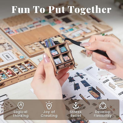 CUTEBEE DIY Book Nook Kit, Miniature House Kits for Adult and Teens, DIY Miniature Book Nook kit with Sensor Led Light, Gifts for Lovers and Family (The Scholar's Bookstore)