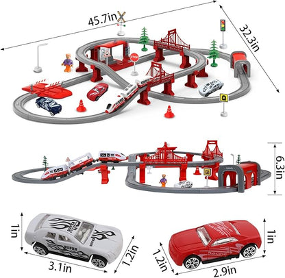 Train Sets for Toddlers, 104 Pcs Trains Toy with Battery Operated & Tracks (Magnetic Connection), Compatible with Thomas, Brio, Christmas Toy Gifts for 3 4 5 6 7 8 Years Old (Red 104PCS)