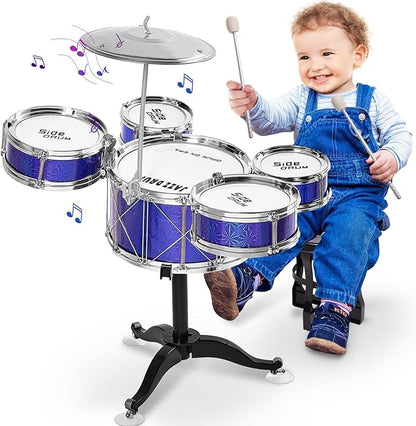 Tinylife Kids Drum Set, Toddlers Musical Toys Drum Kit with 5 Drums, Stool, Sticks and Cymbal Kids Musical Instruments Toy Set for 2 3 4 5 Year Old Boys Girls Gifts
