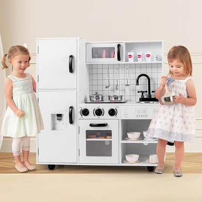 INFANS Play Kitchen for Kids, Wooden Kids Play Kitchen Playset with Realistic Light & Sounds, Pots Pan Microwave Sink, Children Pretend Cooking Toy Set Gift for Toddler Boys Girls Ages 3+