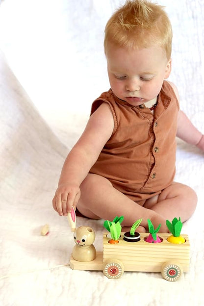 Adventure Awaits! Wooden Rabbit Pull Cart Farm Toy with Removeable Vegetables for Toddlers | Kids Montessori Easter Bunny Shape Sorting Car