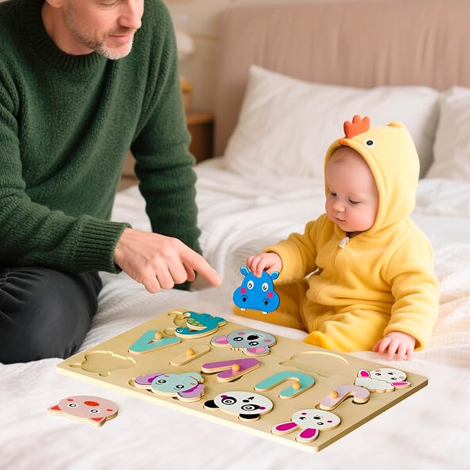 Personalized Name Puzzle for Toddlers - Custom Wooden Jigsaw Puzzles with Animals, Montessori Learning Toys, Baby Birthday Gift for 1, 2, 3 Year Old Boy or Girl (Name Puzzle-01)