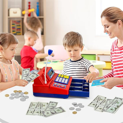Calculator Cash Register - 103 Pcs Toy Cash Register, Microphone, Credit Card and Banking for Kids, Early Math Skills Toys Gifts for 3, 4, 5, 6 7 8+ Years Old Boys Girls