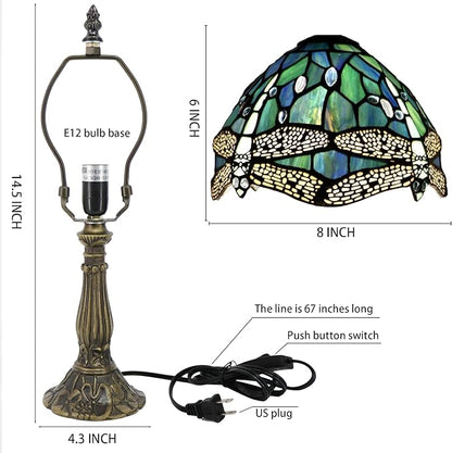 Small Tiffany Lamp Mini Accent Table Lamp Stained Glass Desk Memory Lamp Sympathy 8X14.5 Inch (Sea Blue Dragonfly Style)