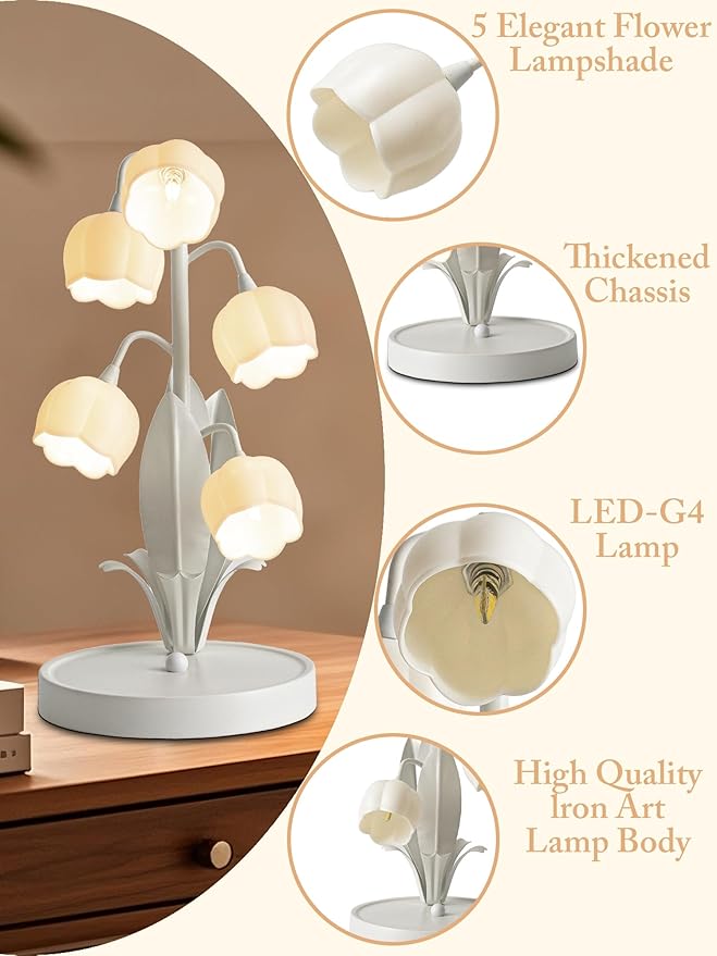 Flower Lamp for Home,Bedside Vintage Table Lamps,5 Lily of The Valley Reading Lights,3 Colors Modes Kawaii Bedside Lamp Decor,with G4 Bulb Nightstand Light for Living Room Office Bedroom (White)
