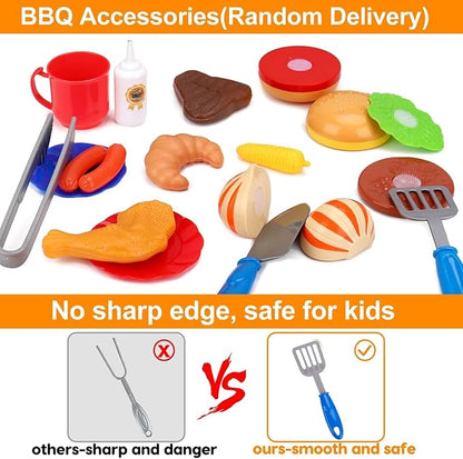 Kids Grill Playset Kitchen Toys with Apron Hat for Cooking Food Smoke Light Outdoor Pretend Play Accessories 3-5 4-8 BBQ Outside Camping Barbecue Toddler Boy Toy 3 4 5 6 Year Old Birthday Gift