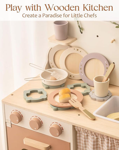 ROBOTIME Play Kitchen Dishes Set, 29PCS Wooden Toddler Plates and Dishes for Boys Girls Gifts
