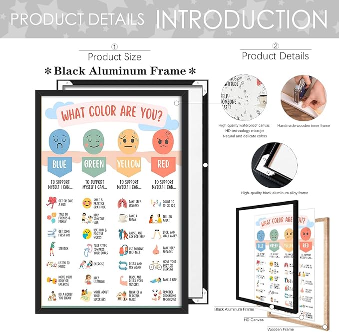 Mental Health Canvas Wall Art Feelings Chart Emotions PosterAwareness Preschool Emotions Faces Calm Prints Calm Down Corner Home for Kids Room Classroom Wall Decor 20x30in BlackFramed