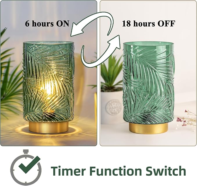 Battery Operated Table Lamp, Cordless Lamps for Home Decor, Battery Powered Nightlight with LED Bulb with Timer, Decorative Lights for Living Room Bedroom Tabletop Entryway Centerpiece Gift(L Green)