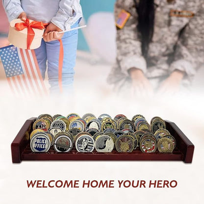 8 Rows Military Challenge Coin Display Stand - Holds 60-70 Coins, Solid Wood Army Police Coin Rack Display Holder for Desktop, Mahogany