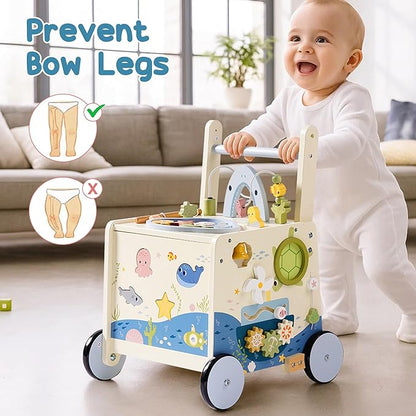 ROBOTIME Wooden Baby Walking Toy, Montessori Baby Walker Push Toy with Adjustable Height & Speed, Activity Center Baby Push Toy with Music, Fishing Game & Storage for Toddler 10M+ (Ocean World Theme)