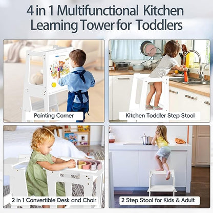 4 in 1 Kitchen Toddler Step Stool, Foldable Learning Toddler Standing Tower with Double-Sided Whiteboard, Wooden Kitchen Stool Helper for Kids 1.5 to 5 Years Old,Bathroom Sink Counter