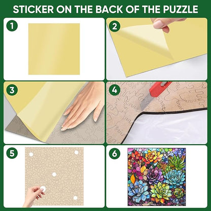 delobi Stained Glass Puzzle Succulent Wooden Puzzles for Adults 300 Pieces, Unique Liberty Challenging Jigsaw Puzzles Gift for Friends Family Game 12.4 x 12.4 Inch