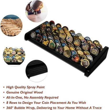8 Rows Wooden Challenge Coin Display Holder for Countertop - 2 Tiers Military Coin Rack Stand Holds 60-70 Coins for Army Police Collectors, Black