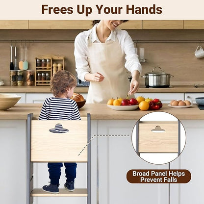 COSYLAND Toddler Standing Tower Adjustable Height - Super Stable Kids Kitchen Stool Helper - 3 Levels Adjustable Wooden Toddler Kitchen Stool (Natural & Light Gray)